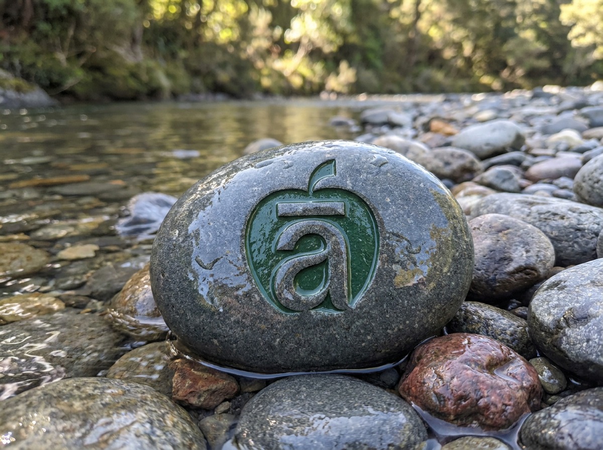 āporo nui apple mark carved into a river stone